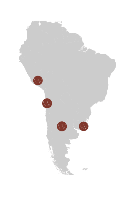 Mapa de Sudamérica con las bodegas que trabajan con Winers en Argentina, Chile, Perú y Uruguay